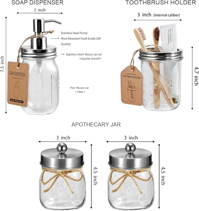 SheeChung 6Pcs Mason Jars Bathroom Accessories Set - Toothbrush Holder, Soap Dispenser, Qtip Holders, Soap Dish, Wire Paper Storage, Farmhouse Decor (Brushed Nickel, 6Pcs Bathroom Organizers Set)