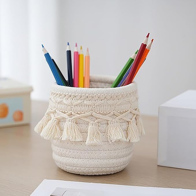 MSUIINT Macrame Makeup Brush Holder Organizer, Brushes Mini Storage Basket, Hand Woven Cotton Rope Basket, Boho Decor Baskets for Comb Cosmetics Pen Pencil Container (A)