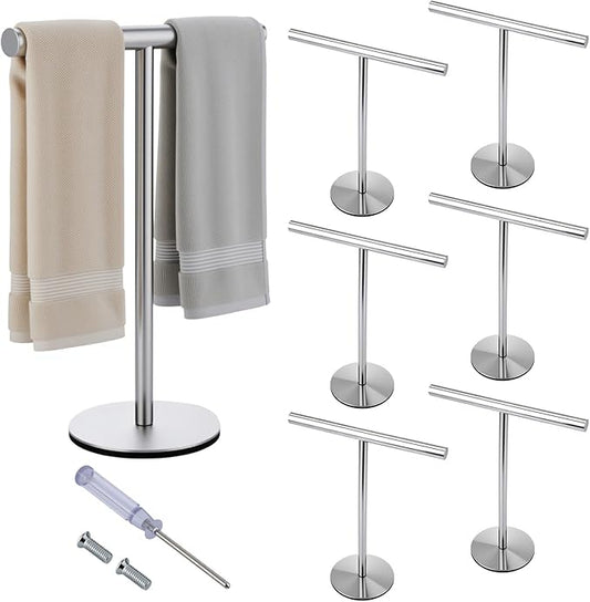 LemonRoad 6 Pack T-Shape Bath Hand Towel Holder Standing 12 Inch Stainless Steel Free Standing Towel Bar Rack Stand with Heavy Base for Countertop Bathroom Kitchen Vanity