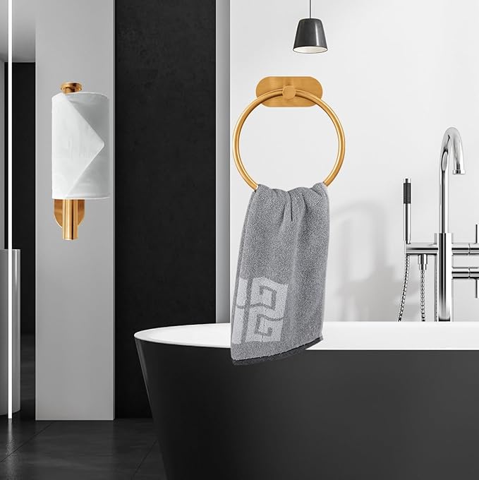 Self Adhesive Towel Ring and Toilet Paper Holder, No Drilling Stainless Steel Bathroom Hardware Set, Sturdy Bathroom Accessories for Home or Kitchen, Wall Mounted (Gold)