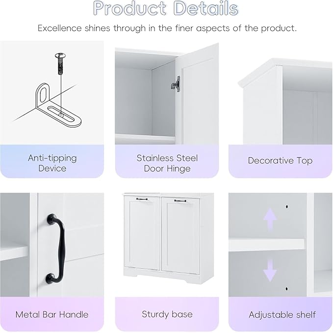 Virubi Tall Laundry Hamper Cabinet with 2 Tilt Out Hamper, Wood Tall Bathroom Laundry Room Storage Cabinet with Adjustable Shelves, Freestanding (White)