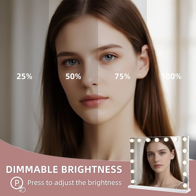 Hollywood Vanity Mirror with Lights, 22.05"x18.11" Hollywood Mirror with 10X Magnification, 3 Color Lighting Modes & 15 Dimmable LED Bulbs Makeup Vanity Mirror for Desk Wall-Mounted