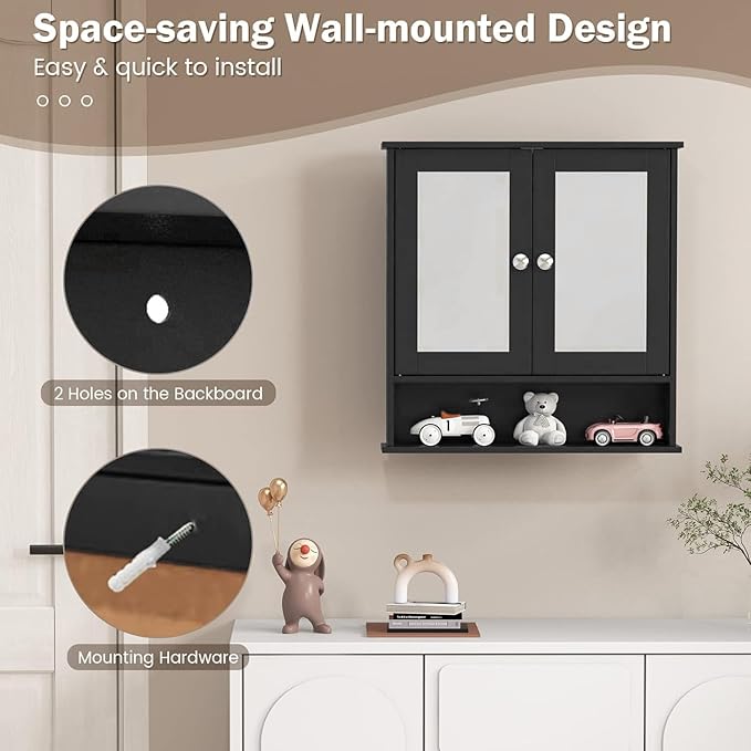COSTWAY Bathroom Cabinet Wall Mount, Wooden Medicine Cabinet with 2 Mirror Doors, Adjustable Shelf, Open Compartment, for Laundry, Living Room, Kitchen, Black