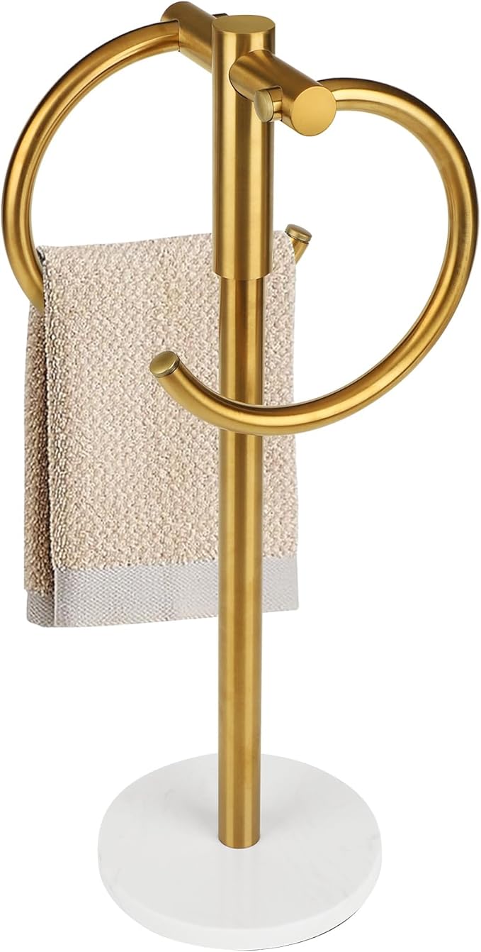 19 inch Brushed Gold Double Towel Holder Stand, Hand Towel Bar Bathroom Vanity Countertop Towel Holder Free Standing,Towel Ring Hardware Accessories Towel Rack