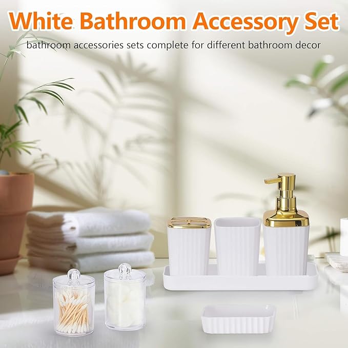 White Bathroom Set, 23 PCS White Bathroom Accessories Set with Shower Curtains, Trash Can, Toothbrush Holder, Soap Dispensers, Toothbrush Cup, Vanity Tray, Soap Dish, Toilet Brush, Qtip Holders