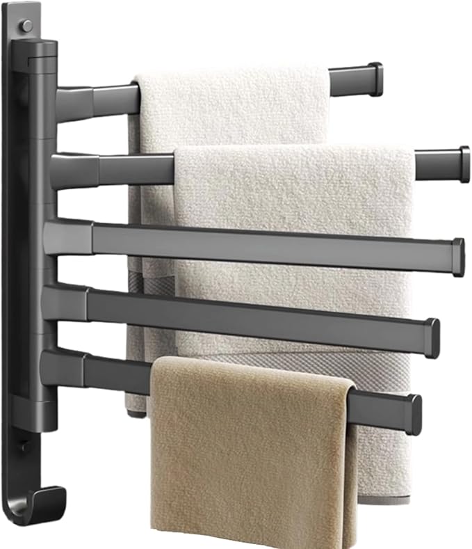 2-5 Arms Swivel Towel Rack Bath Towel Holder with Hook Swing Arm Towel Rack Wall Mount for Bathroom Kitchen (Grey, 5-arm)