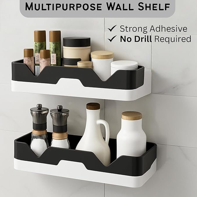 Mozarto Bathroom Shelf Organizer with 2-Tier Rack and 4 Hooks – Wall Mounted Bathroom Storage Rack, Space Saving Shelf for Toiletries, Bathroom Hardware and Accessories Holder (Multicolor)