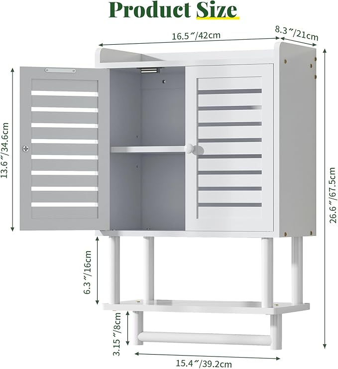 Bathroom Wall Cabinet, Over The Toilet Storage Cabinet with Adjustable Shelves, White Medicine Cabinets with Towel Bar, Bamboo Wall Mounted Hanging Cabinet with 2 Door for Laundry Room, White