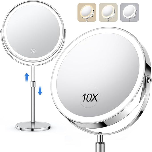 UBYMET Lighted Makeup Mirror, Rechargeable Height Adjustable Double Sided, 1x/10x Magnifying with 3 Color, Brightness Adjustable, 360° Rotation Vanity, Gift for Women