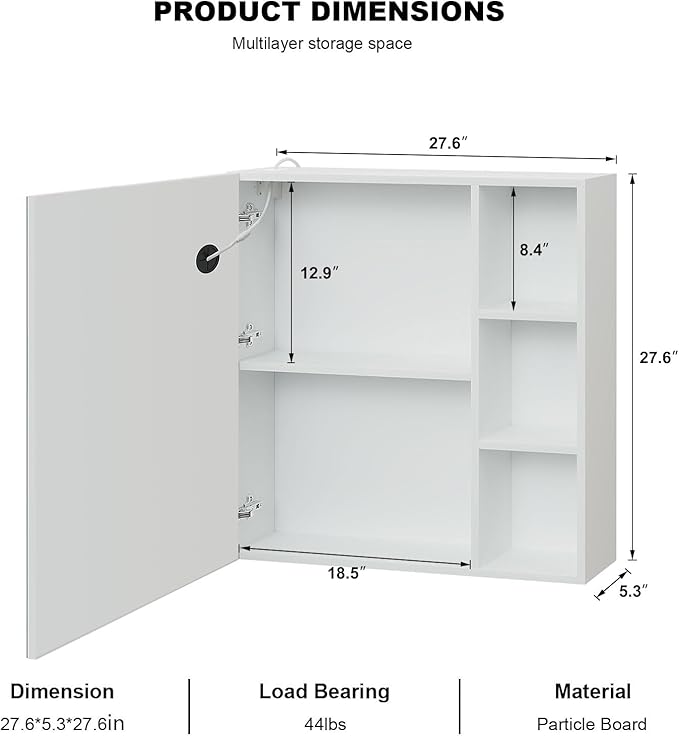 Led Medicine Cabinets with Storage,Wall Mounted Medicine Cabinet with Defogger,Bathroom Mirror Cabinet with 3 Light Adjustable Illuminated Medicine Cabinet Wall Mounted with US Plug 28X28Inch