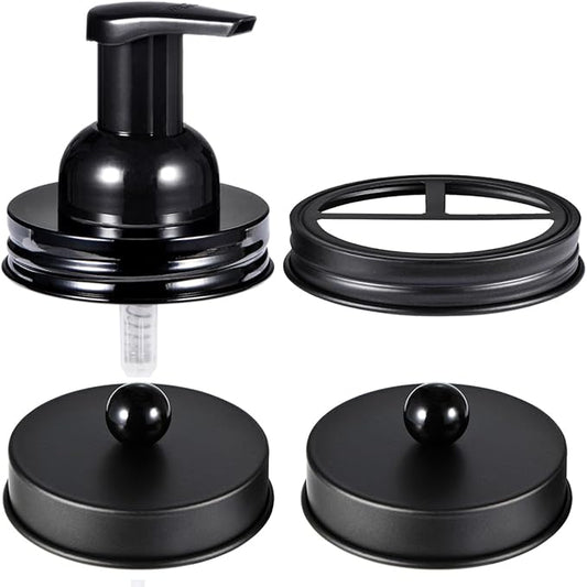 Mason Jar Bathroom Accessories Set(4pcs)-Jars Not Included - Foaming Soap Dispenser and Apothecary Jars Lids for Regular Mouth jar, Wide Mouth Toothbrush Holder lid, Farmhouse Decor-Black