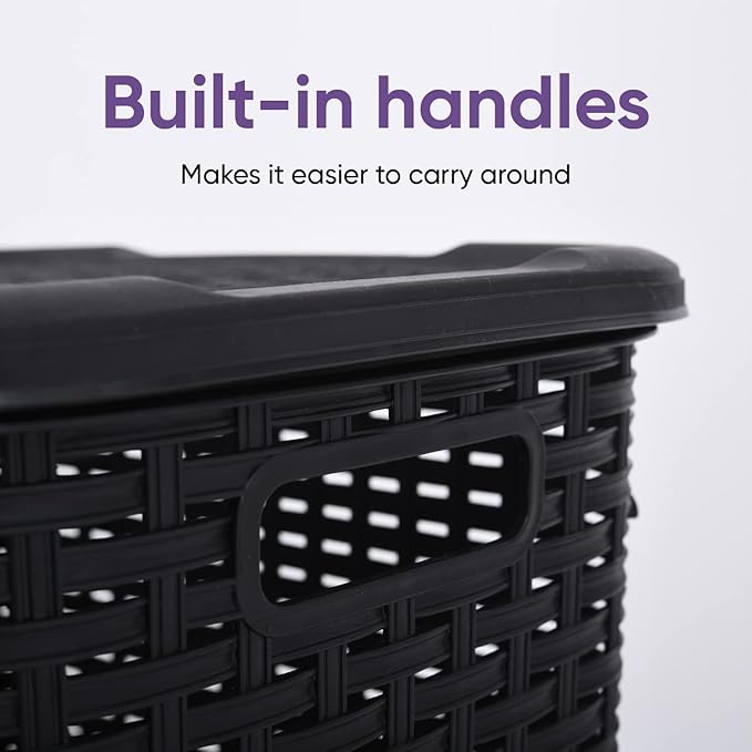 Plastic Corner Laundry Hamper with Lid, Curved Designed Laundry Basket, Triangle Black Cloths Hamper Organizer with Cut-out Handles for Laundry Room Bedroom Bathroom, Wicker Design, 50 Liter