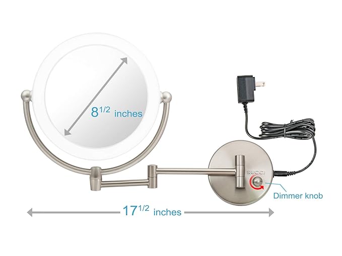 UCCI LED Wall Mount Makeup Mirror with Light – 1X/10X Magnification Double-Sided Vanity Mirror, Dimmable Lighting, 360° Swivel, Extendable Arm Bathroom Mirror, Satin Nickel, AC Powered 8.6”