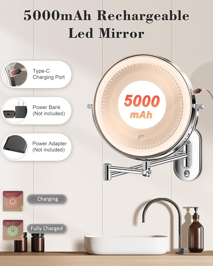 vpu 9" Wall Mounted Makeup Mirror with Light, 20X/1X Height Adjustable Double Sided Magnifying Bathroom Lighted Mirror, 3 Color Touch Dimmable Extended Arm 360 Rotation Light up Magnification Mirrors