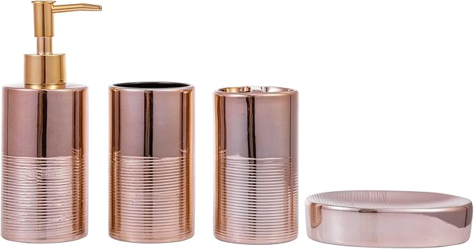 MyGift 4 Pcs Ceramic Bathroom Accessories Set, Toothbrush Holder with Lotion Soap Dispenser, Soap Dish, Tumbler, Pink Bathroom Set for Girl, Rose Gold Bathroom Decor