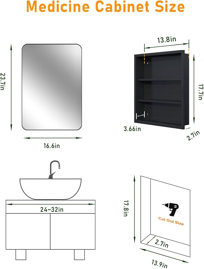 16"x24" Bathroom Medicine Cabinet with Mirror, Recessed and Surface Mount Medicine Cabinet Bathroom Mirror with Storage, Waterproof Black Metal, Stable and Removable 2 Metal Shelves, Easy Installation