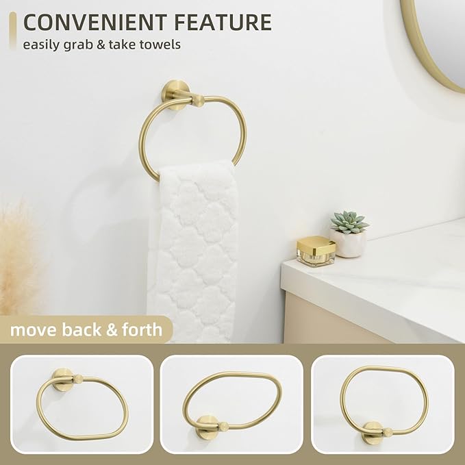 Angle Simple Towel Ring for Bathroom, SUS304 Stainless Steel Swivel Oval Hand Towel Ring Rack for Wall, Brushed Gold