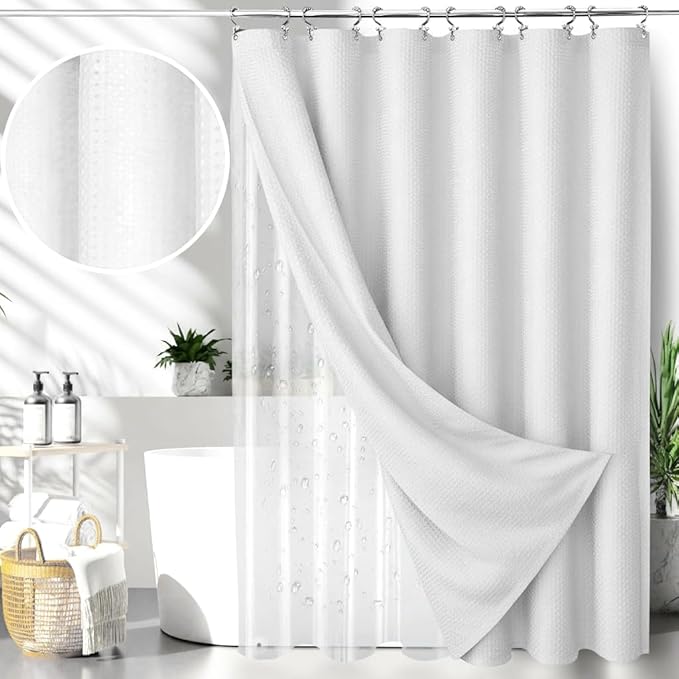 White Bathroom Set, 23 PCS White Bathroom Accessories Set with Shower Curtains, Trash Can, Toothbrush Holder, Soap Dispensers, Toothbrush Cup, Vanity Tray, Soap Dish, Toilet Brush, Qtip Holders