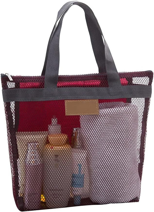 Mesh Shower Caddy Bag, Quick Dry Portable Tote Bag with Zipper and Inner Pocket, Lightweight Bath Organizer for College Dorm Bathroom, Swimming, Gym, Beach, Travel (Red)