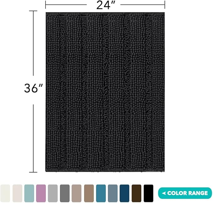 Turquoize Chenille 24"x 36" Extra Soft, Absorbent Shaggy Bath Rugs, Black - Non Slip for Bath or Kitchen