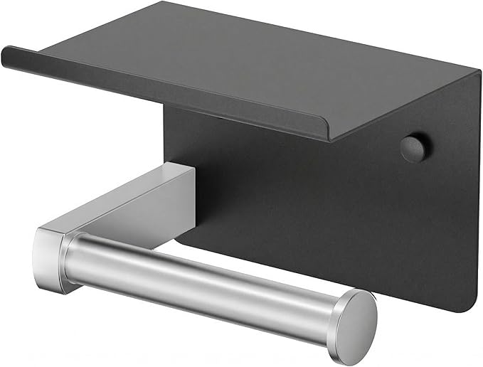 Toilet Paper Holder with Shelf, Adhesive or Screw Wall Mount Toilet Paper Roll Holder for Bathroom, Rustproof 304 Toilet Roll Tissue Holder Dispenser with Phone Shelf (1, Matte Black & Brushed Nickel)