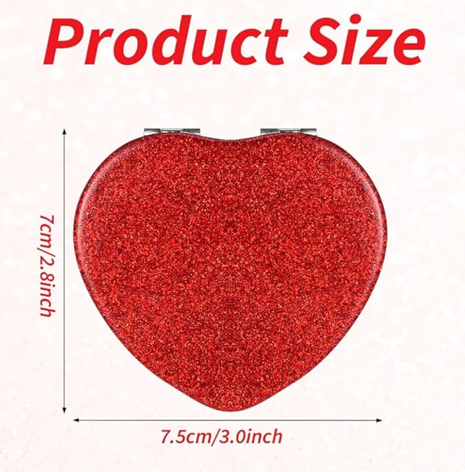 Red Heart Shaped Compact Mirror for Purse,1x/2x Magnification Cute Travel Mirror with Glitter,2.76 inch Double-Sided Mini Folding Mirror,Small Pocket Mirror for Gift,Travel Essentials