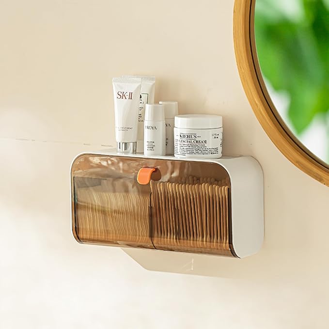 SUNFICON Wall Mounted Cotton Pads Holder Organizer Cotton Swab Balls Holder Q-tip Dispenser Qtip Storage Canister Cosmetic Pads Container Flossers Box Case Crystal Brown