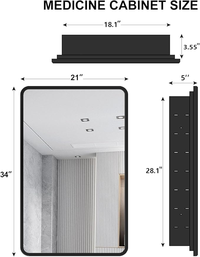 Black Bathroom Medicine Cabinet with Mirror 21 x 34 Metal Frame Recessed Or Wall Mounted Single Door Storage Medicine Cabinets with Adjustable Shelves Rounded Corner Beveled Mirrors