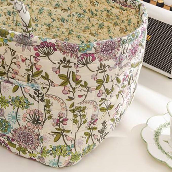 Quilted Fabric Storage Basket Boho Floral Laundry Hamper with Handle Foldable Floral Basket Organizer for Car Bedroom