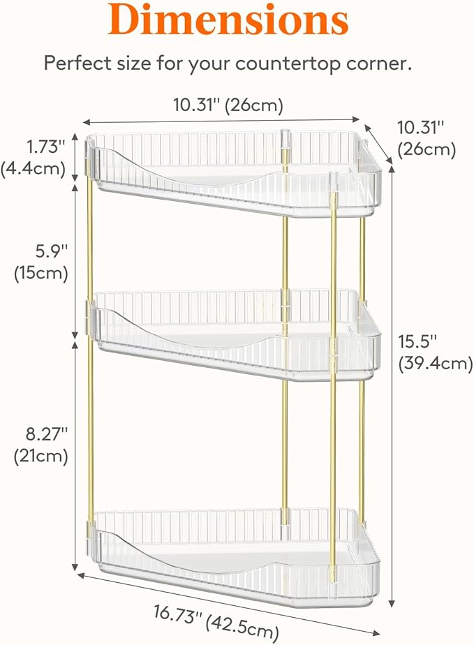 Lifewit 3-Tier Corner Bathroom Counter Organizer, Plastic Makeup Skincare Organizers Storage Countertop, Large Sink Cosmetic Perfume Shelf for Bedroom, Dresser, Kitchen, Vanity, Clear, 39 cm/15inch(H)