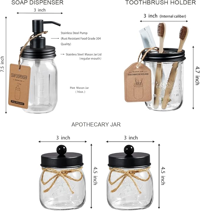 SheeChung 6Pcs Mason Jars Bathroom Accessories Set Complete - Toothbrush Holder, Lotion Soap Dispenser, 2 Mason Jars, Soap Dish, Toilet Paper Basket, Rustic Farmhouse Decor (Black, 6Pcs Bathroom Set)