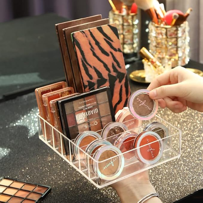 Eyeshadow Palette Makeup Organizer-Plastic Cosmetics Display Case with Adjustable Dividers, Makeup Storage for Vanity Drawer, Eyeshadow, Lipsticks