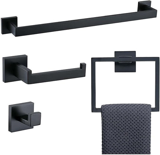 5PCS 304 Stainless Steel Bathroom Hardware Set，Including Towel bar，Towel Ring，Toilet Paper Holder,Robe Hook (Matt Black)