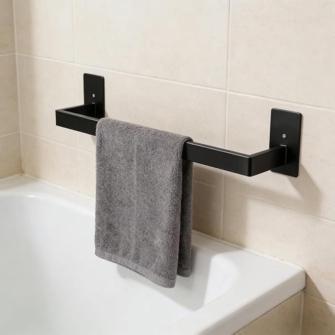 Bathroom Towel Bar Self Adhesive, No Drilling Towel Rack Easy to Install,Hand Towel Holder Made of Premium Stainless Steel Sticky on Hand Towel Hanger for Kitchen, Toilet(12IN, Black)