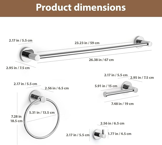 Bathroom Hardware Set 4 Piece – 24 Inch Towel Bar Set,Rustproof Stainless Steel Bathroom Accessories Kit with Towel Ring, Toilet Paper Holder & Robe Hook, Wall Mounted Bathroom Fixtures Set