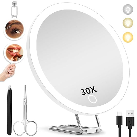 30X Magnifying Mirror with Lights, 6inch Makeup Magnified Mirror 30X Lighted Travel Magnification with 3 Suction Cups and 360° Adjustable Stand- Includes Tweezers & Scissors