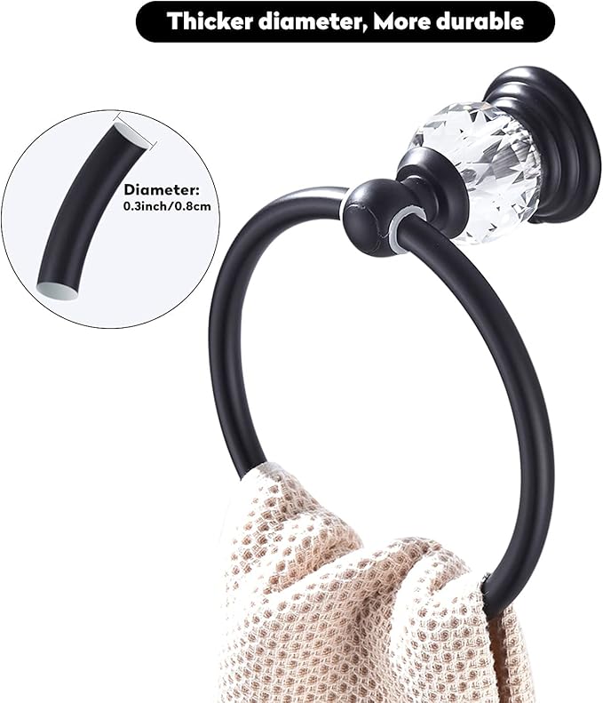 WINCASE Crystal Towel Ring, Black Hand Towel Holder, Bathroom Round Towel Hanger Racks Wall Mount Matte Black