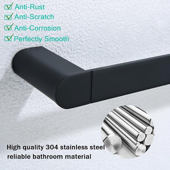 Matte Black Bathroom Hardware Set 4 Pieces, Stainless Steel Towel Bar Set Wall Mounted, Include 18 inch Towel Bar, Robe Towel Hooks, Toilet Paper Holder,Towel Racks Set for Bathroom
