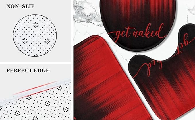 ArtSocket 4PC Red Black Ombre Get Naked Modern Simple Shower Curtain Sets Bathroom Decor with Rugs, Non-Slip Rug,Toilet Lid Cover, Bath Mat and 12 Hooks 72x72 inches