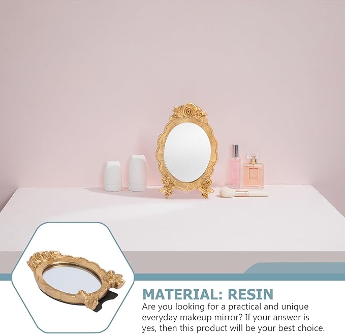 HEALLILY Oval Resin Makeup Mirror Portable European Style Handheld Cosmetic Mirror with Rose Relief Frame Lightweight for Vanity and Travel