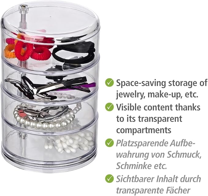 WENKO 20990100 Cosmetic organizer Tower Transparent - 4 compartments, Acrylic, 11.5 x 17.5 x 11.5 cm, Transparent