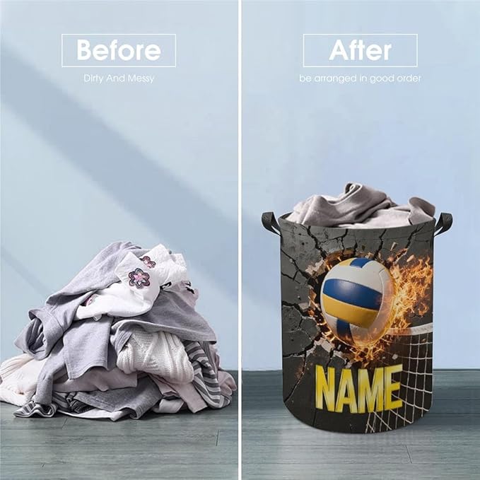 Personalized Volleyball Laundry Hamper Custom Name Funny Dirty Clothes Laundry Basket Portable Storage Basket For Home Bathroom Family Volleyball Lovers Xmas Birthday (style 16)