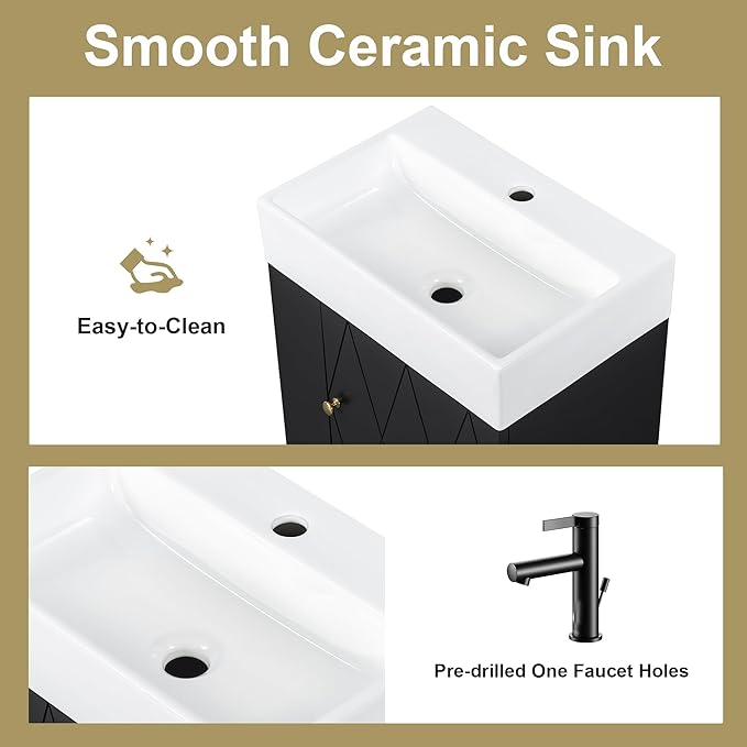 Virubi 20" Floating Bathroom Vanity with Sink, Soft Closing Door,and Storage Shelves, Solid Wood Frame & MDF Modern Single Small Bathroom Vanity Cabinet with Open Shelf,Wall Mounted Black