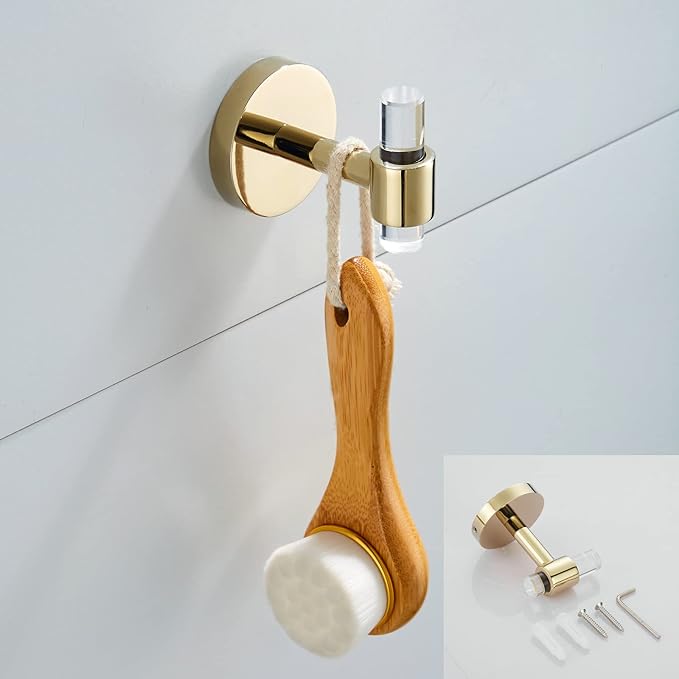 SHUNLI Bathroom Accessories Hardware Set 4 Pieces Wall Mounted,Towel Rack+Hand Towel Holder+Toilet Paper Holder+Hook,Brass and Acrylic,Gold Towel Bar Set