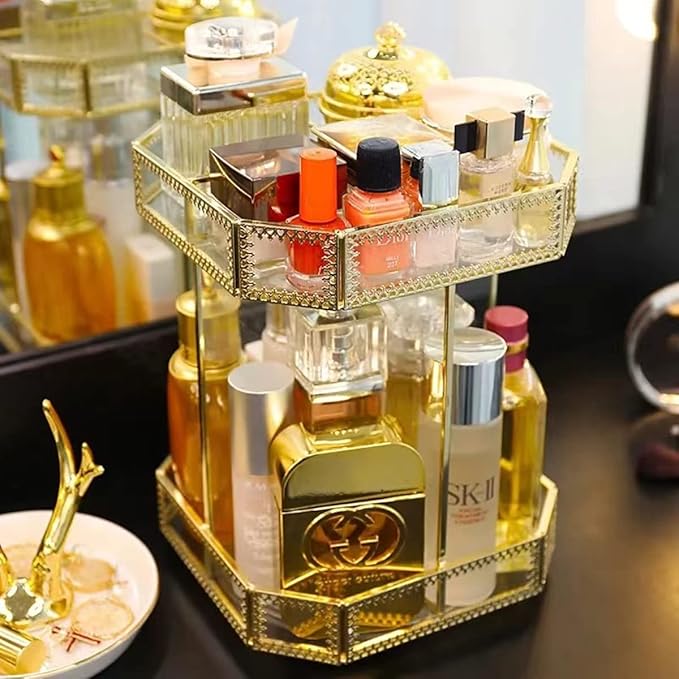 Yamfurvo 360 Degree Rotation Makeup Organizer Antique Countertop Cosmetic Storage Case, Glass Beauty Display, Gold Spin Large Capacity Holder for Brushes Lipsticks Skincare Toner