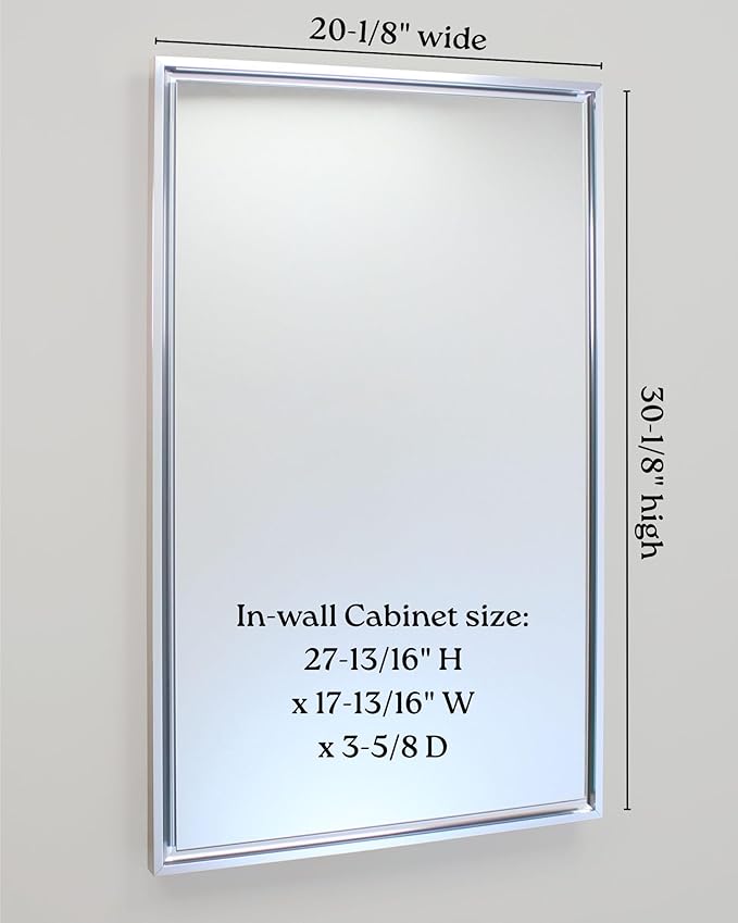 Fox Hollow Furnishings 20x30 Parker Metro Metal Framed Rectangle Recessed Bathroom Medicine Cabinet, Floating Mirror, 18x28 in-Wall Opening, Steel, Adjustable Glass Shelves, Magnet Close, Chrome