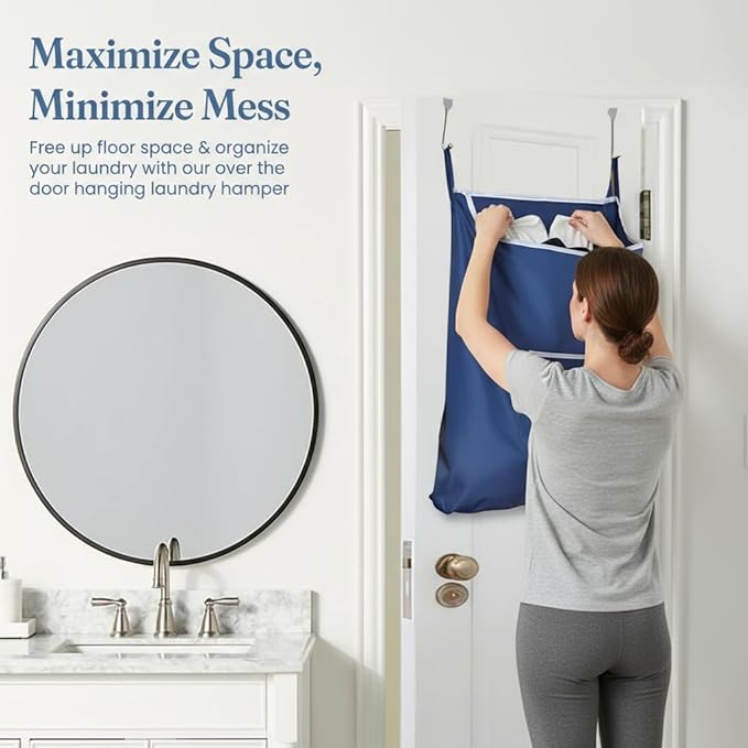 Fine Living Co. Large Hanging Laundry Hamper with Over Door Hooks & Adhesive, Durable Space Saving Laundry Bag with Zipper and Wide Open Top, Hanging Dorm Laundry Hamper (Navy Blue-XL)
