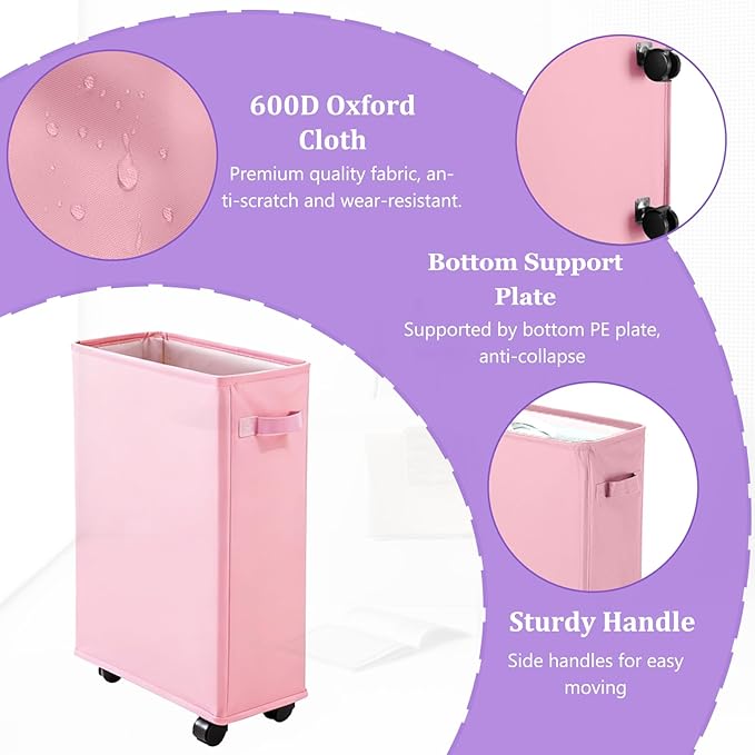 42L Slim Laundry Basket with Wheels, Rolling Laundry Hamper for Small Spaces, Collapsible 600D Oxford Dirty Clothes Basket with Brake & Handle, Narrow Laundry Basket for Dorm, Bathroom, Pink