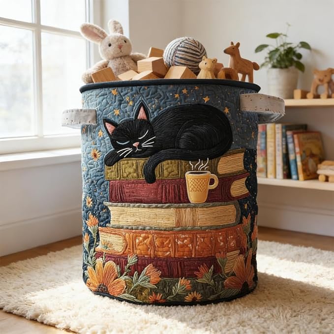 Cat Quilted Laundry Basket - 18"/22"/28", 2026 Large Quilted Cat Laundry Basket with Handles, Cozy Cat Fabric Storage Hamper for Nursery, Bedroom, Laundry Room, Clothes & Toys (6, M 16"X22")