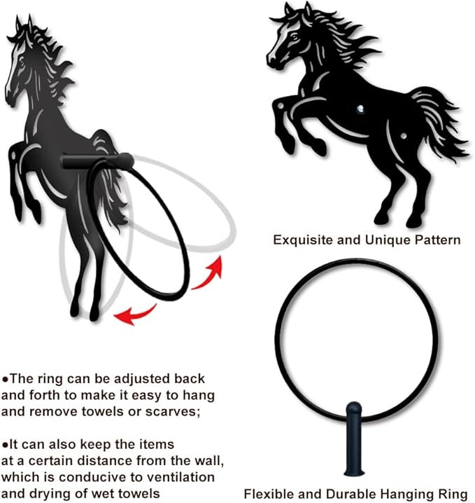 MAYJOYDIY Horse Metal Towel Ring Country Style Horse Towel Holder Horse Animal Towel Ring Black Plant Towel Rack Wall Mounted for Bathroom Kitchen Towel Hanger Home Decors Gift